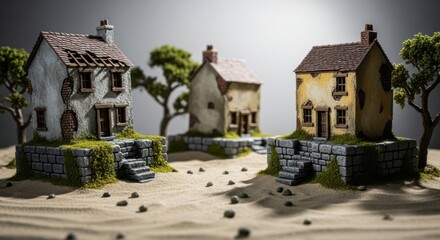 Miniature Vintage Houses with Trees on Sand Ground in Artistic Style