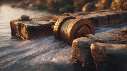 Rustic water wheel in river stream with stone blocks and golden light scenic nature photography