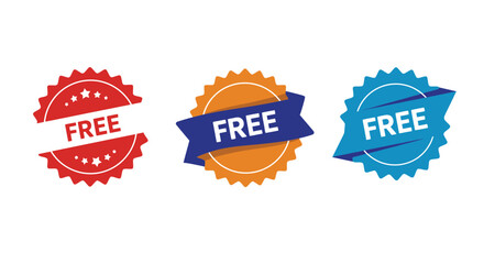Three colorful badges displaying the word free promotional marketing visuals