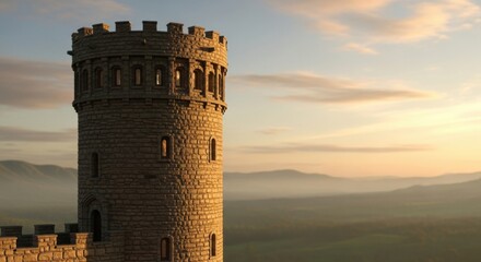 Ancient Stone Tower Sunset Landscape with Rolling Hills and Sky