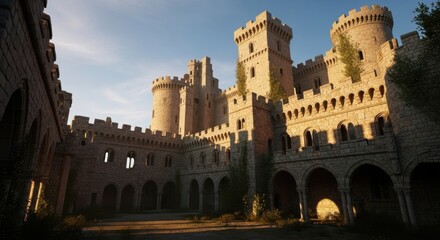 Medieval Castle Fortress with Tall Towers and Stone Walls Under Blue Sky