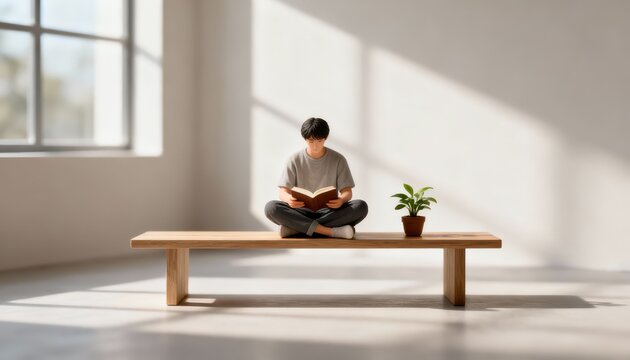 Serene Reader: Young Person Enjoying a Book in Minimalist Space