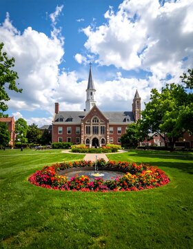 Historic brick building with a green lawn, flower bed, and fountain