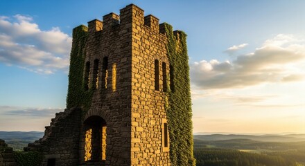 Ancient Stone Tower Covered in Green Vines Under Sunset Sky