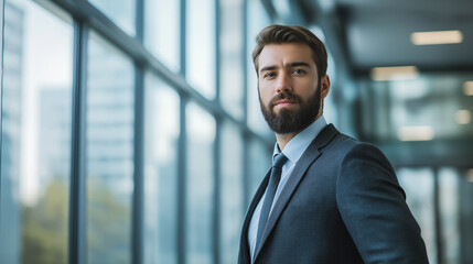 Fototapeta premium Stylish businessman with beard in elegant suit near glass windows