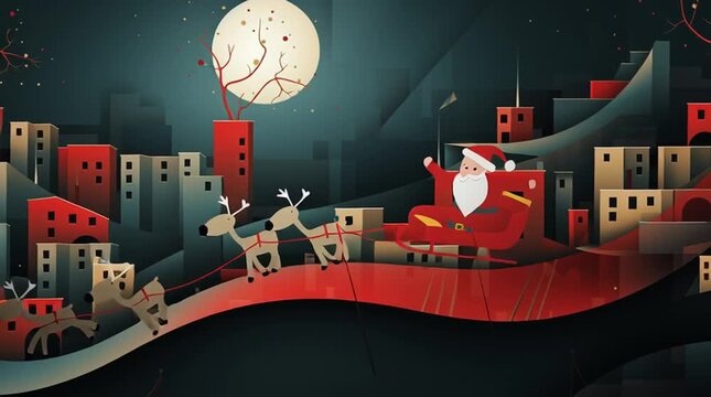 AI-generated video clip of an illustration of Santa Claus with his sled and reindeer at a charming minimalist town