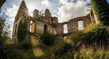 Ruined Stone Castle on Overgrown Hill with Sunburst and Cloudy Sky