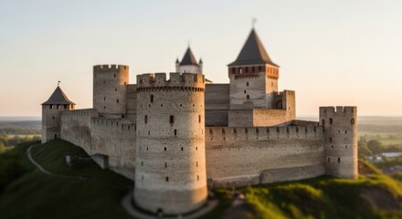 Medieval Stone Castle with Towers and Walls in Sunset Light