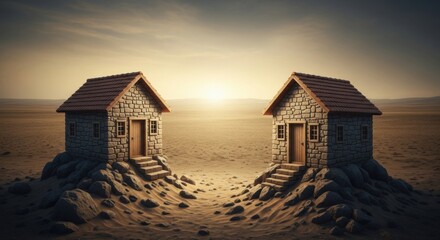 Two Small Stone Houses with Red Tile Roofs on Rocky Desert Landscape at Sunset