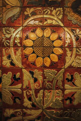 Decorative wall tiles inside Khreshchatyk Metro Station in Kyiv, Ukraine, featuring traditional sunflower ornament patterns