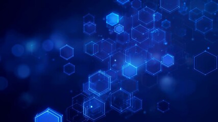Abstract blue futuristic technology background with glowing hexagon shapes and bokeh lights. Concept for science, big data, blockchain, and medical innovation. 4K. - Powered by Adobe