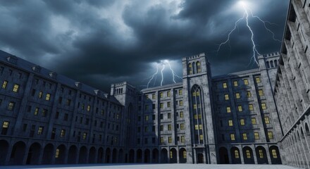 Dark Stormy Sky Lightning Striking Over Old Gothic Building Courtyard