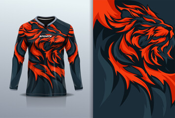 T-shirt mockup abstract  grunge lion texture sport jersey design for football, soccer, racing, esports, running, red black color © Nimpuna O