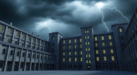 Dark Gothic Building Under Stormy Sky with Lightning Bolts