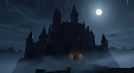 Dark Castle Under Full Moon Surrounded by Mist and Mountain Range in Night Scene