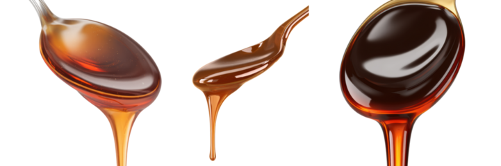 Spoon syrup glossy transparent dessert sweet dripping liquid closeup isolated