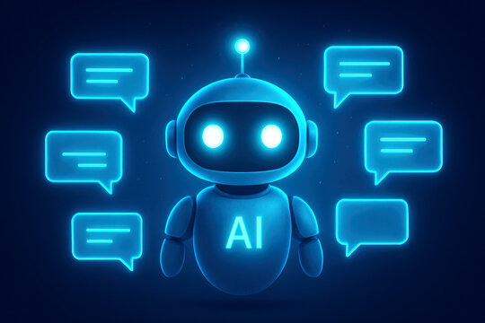 Blue AI robot with glowing eyes and AI symbol, surrounded by speech bubbles for communication artificial intelligence