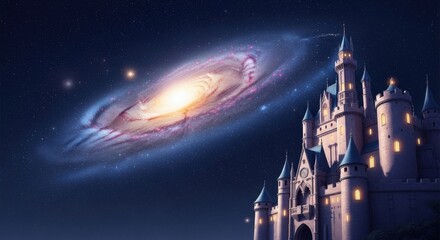 Magical Castle Brightly Lit Under Starry Night Sky with Spiral Galaxy in Background