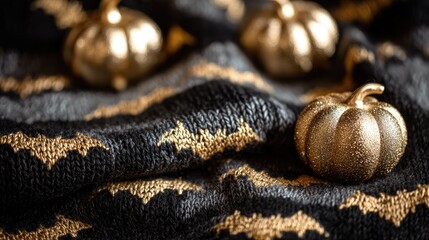 Naklejka premium Glimmering Gold Pumpkins on Black Bat Patterned Fabric for Halloween