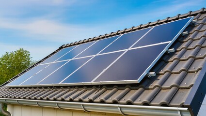 Row of solar panels mounted on a sloped dark-tiled roof. Clear sky and green background emphasize eco-friendliness, renewable energy, and energy efficiency