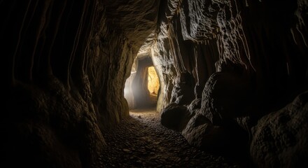 Dark Cave Tunnel with Light at End Natural Rock Formation Adventure Scene