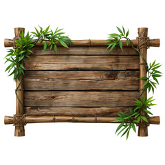 Rustic wooden signboard framed with lush green foliage against a transparent setting © yusuf