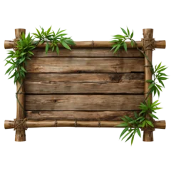 Rustic wooden signboard framed with lush green foliage against a transparent setting © yusuf