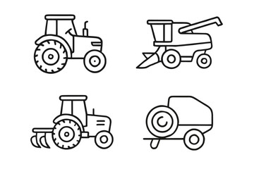 Simple line art of farming machinery including tractor and combine harvester