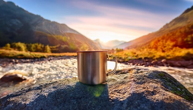 hot drink in metal mug on rock beside river in scenic mountain valley during sunrise peaceful travel background with soft light and natural beauty ai generative