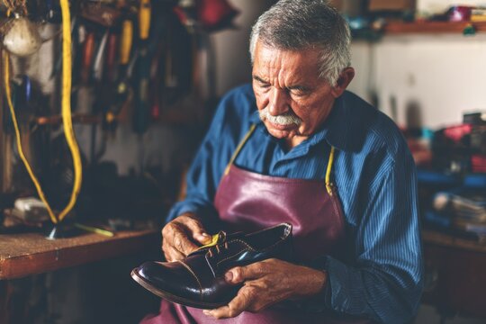 Elderly caucasian male shoe repair artisan in workshop, focused on craftsmanship.