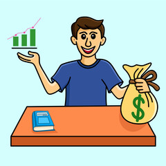 Vector illustration of a young man holding a bag of money with a dollar sign and an upward business growth chart. Suitable for financial, investment, economic, and business concepts.