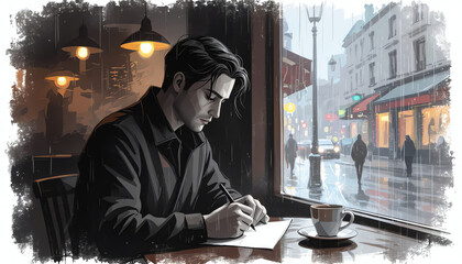 Man writing in notebook while sitting in café during rainy day  