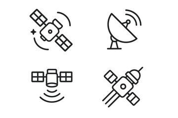 Satellite and antenna line icons: communication and technology symbols