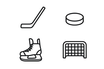 Hockey equipment icons: stick, puck, skate, and goal symbols