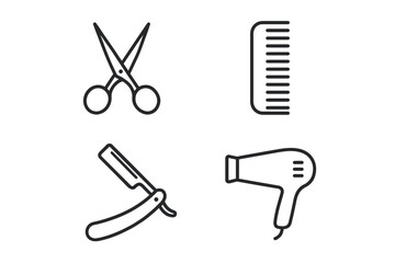 Barber shop tools: scissors, comb, razor, hairdryer icon set