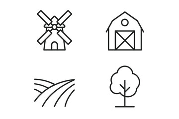 Fototapeta premium Minimalist icons of windmill, barn, farmland, and tree in simple black line art