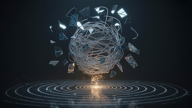 Intricate wire sphere with shattered glass elements conveys data complexity and fragility, perfect for technology, cybersecurity, or innovation concepts in sleek modern visuals