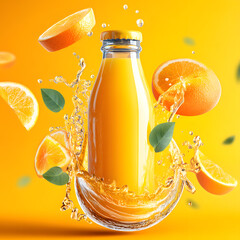 Orange Juice Splash: A refreshing bottle of orange juice bursts with vibrant flavors, surrounded by juicy orange slices and a playful splash, all set against a bright, inviting backdrop.