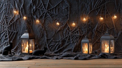 Cozy Halloween Decor with Lanterns, Black Cats, and String Lights