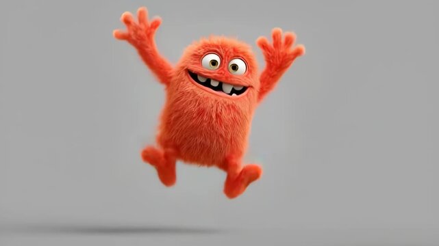 Bright orange monster character joyfully jumping and dancing in a cartoon animation loop, showcasing playful energy and vibrant expression
