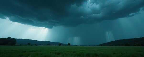 Ominous, charcoal clouds spill heavy rain, obscuring the landscape , shower, clouds, weather