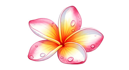 Watercolor plumeria flower isolated on transparent background with water droplets