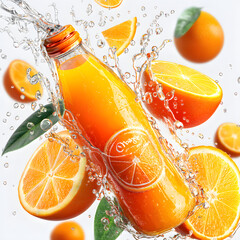 Refreshing Citrus Burst: A vibrant scene showcasing a bottle of freshly squeezed orange juice, water splash, and surrounded by juicy orange halves. Capture the essence of refreshment and vitality.