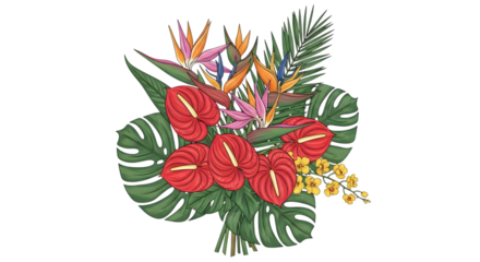 Tropical bouquet with bird of paradise, anthurium, and monstera illustration isolated on transparent background