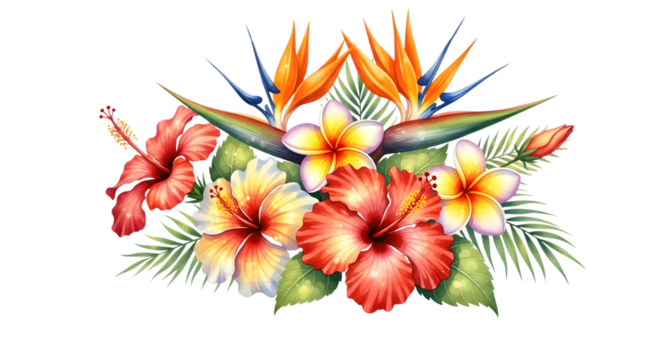 Watercolor tropical flower arrangement isolated on transparent background with vibrant colors - Powered by Adobe