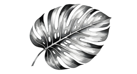 Monstera leaf in black and white isolated on transparent background, watercolor style