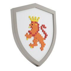 Voxel art shield with a crowned lion symbolizing royalty strength and heritage