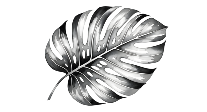 Monstera leaf in black and white isolated on transparent background, watercolor style