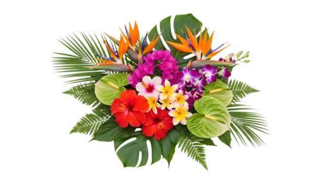 Tropical flower arrangement isolated on transparent background for decoration