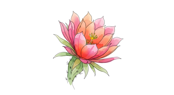 Watercolor illustration of a blooming cactus flower isolated on transparent background